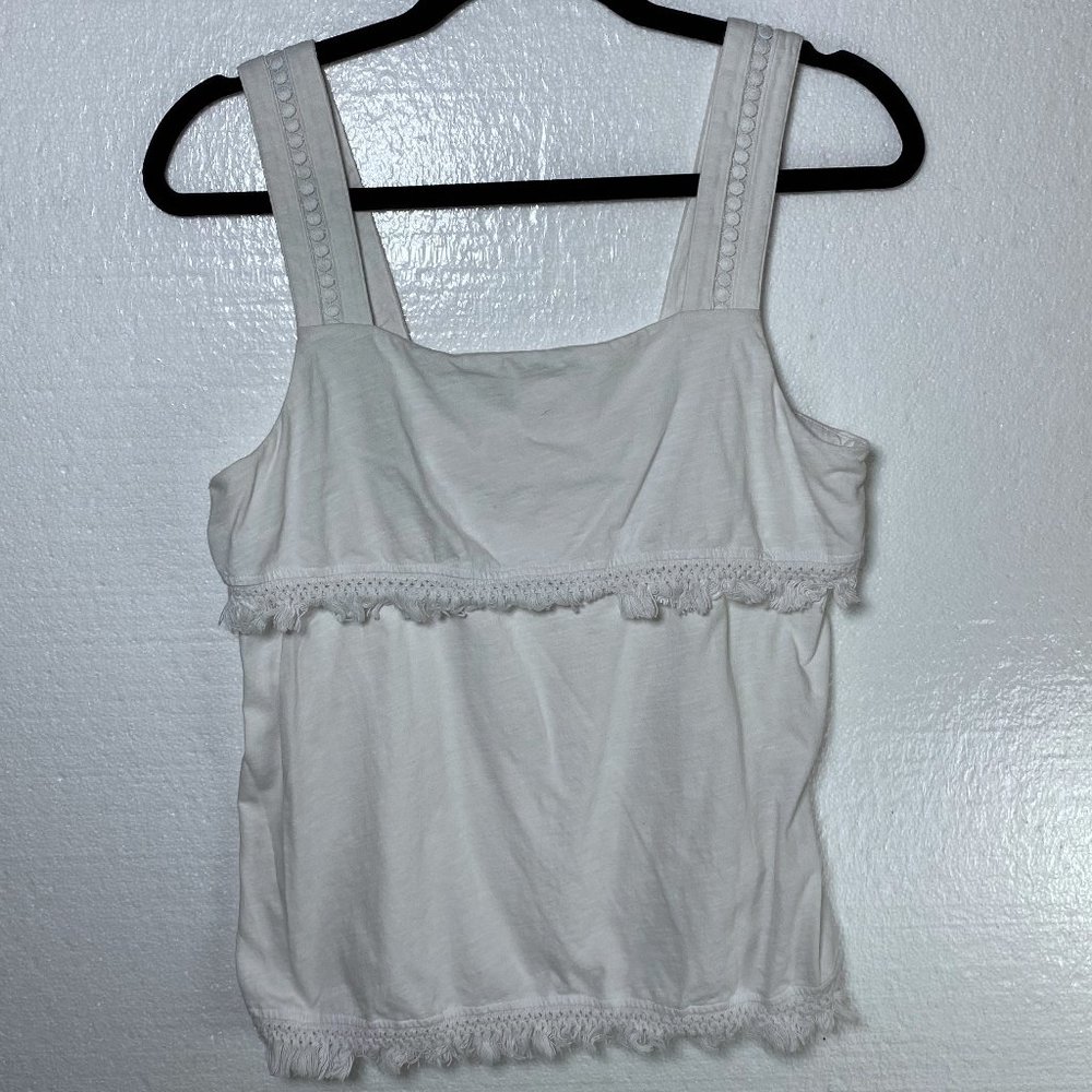 J. Crew Women's Size Small White Crochet Fringe Tank Top Blouse Square Neckline